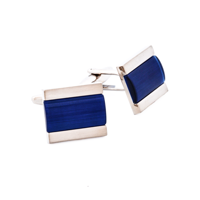 Brushed Rhodium Plated Dark Blue Cat’s Eye Cufflinks