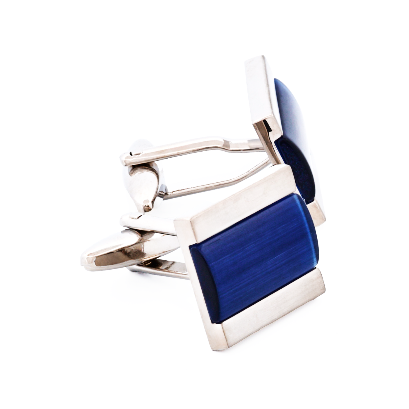 Brushed Rhodium Plated Dark Blue Cat’s Eye Cufflinks