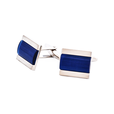 Brushed Rhodium Plated Dark Blue Cat’s Eye Cufflinks
