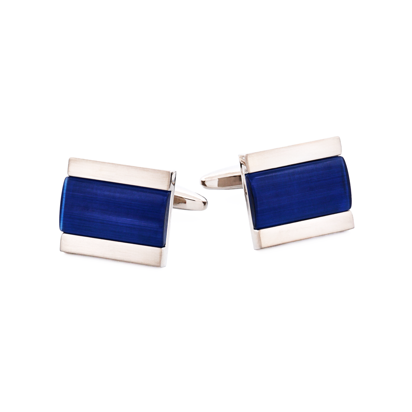 Brushed Rhodium Plated Dark Blue Cat’s Eye Cufflinks
