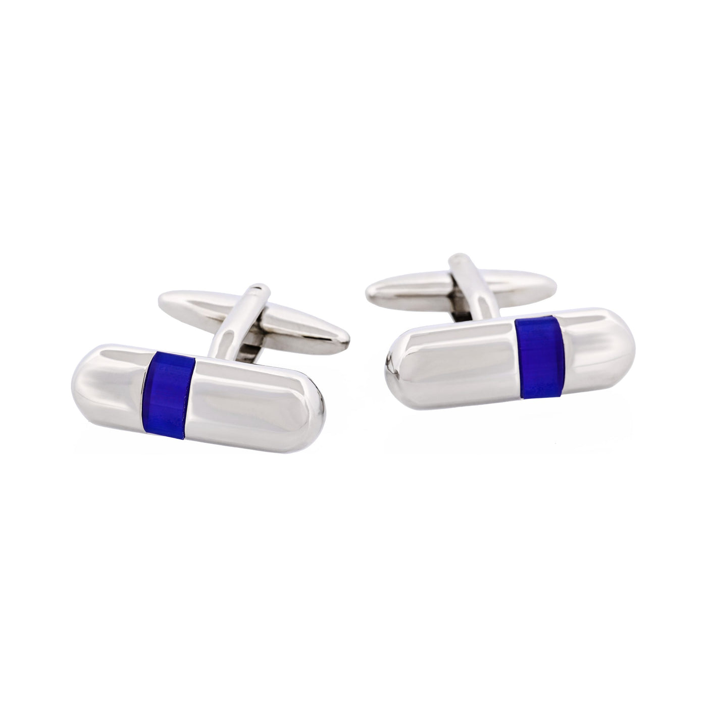 Polished Rhodium Plated & Dark Blue Cat’s Eye Tube Cufflinks