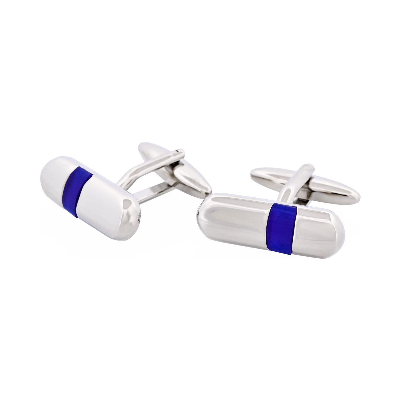 Polished Rhodium Plated & Dark Blue Cat’s Eye Tube Cufflinks