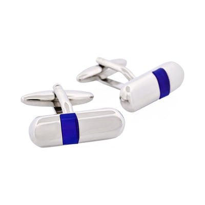 Polished Rhodium Plated & Dark Blue Cat’s Eye Tube Cufflinks