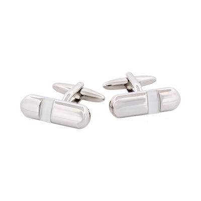 Polished Rhodium Plated & White Cat’s Eye Tube Cufflinks