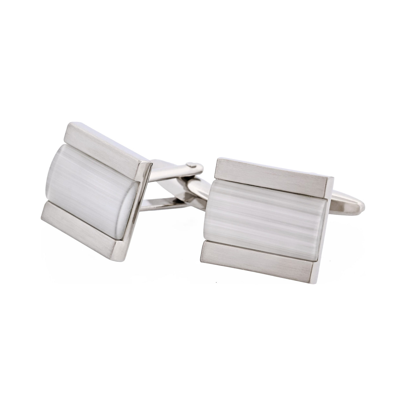 Brushed Rhodium White Cat’s Eye Inlay Cufflinks
