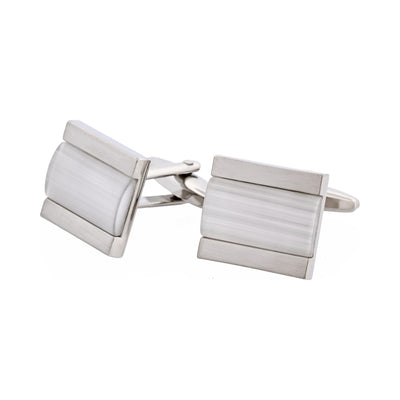 Brushed Rhodium White Cat’s Eye Inlay Cufflinks