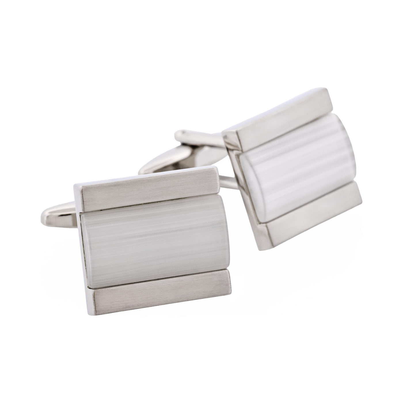 Brushed Rhodium White Cat’s Eye Inlay Cufflinks