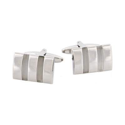 Polished Rhodium Plated Rectangle Cufflinks with Twin White Cat’s Eye Inlays