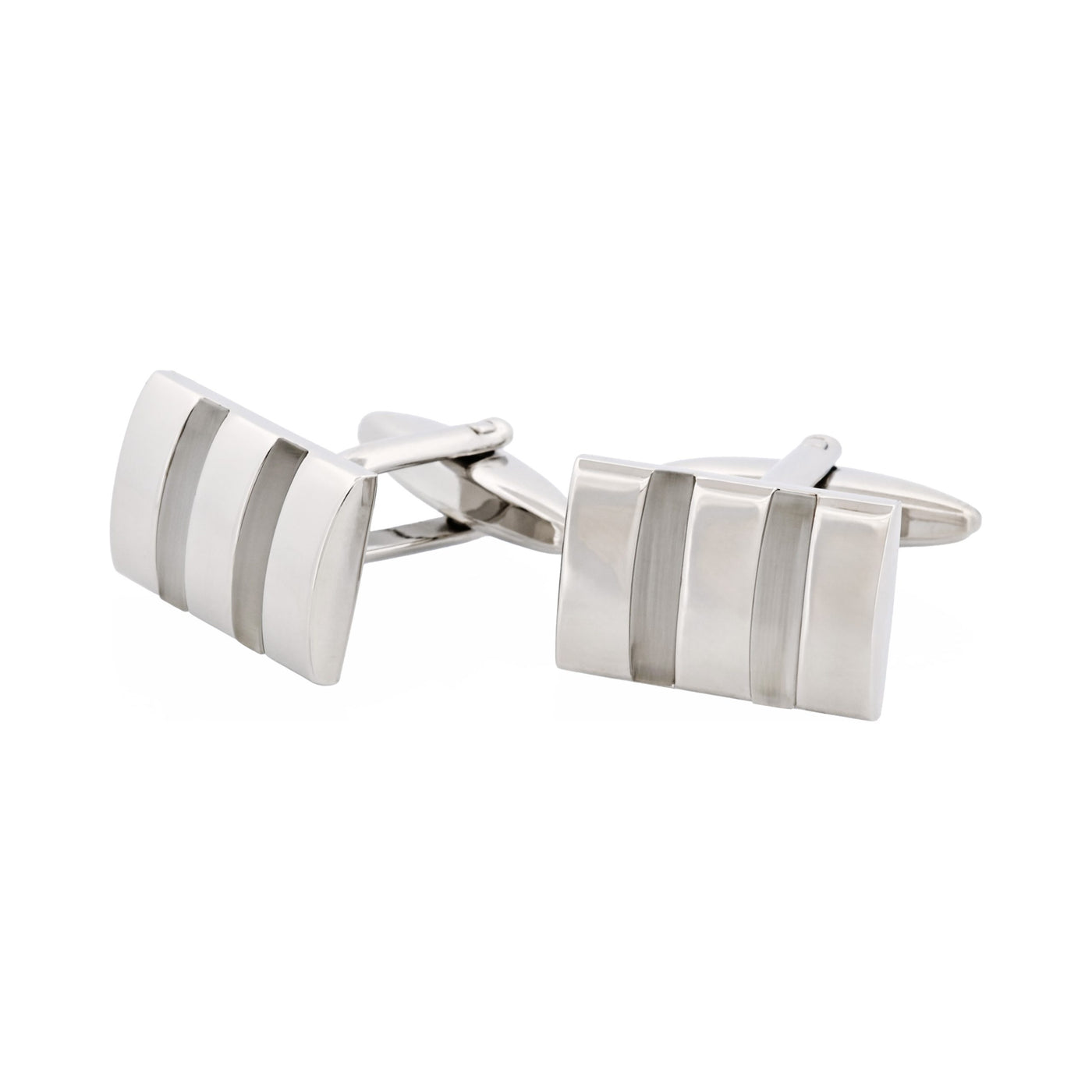 Polished Rhodium Plated Rectangle Cufflinks with Twin White Cat’s Eye Inlays