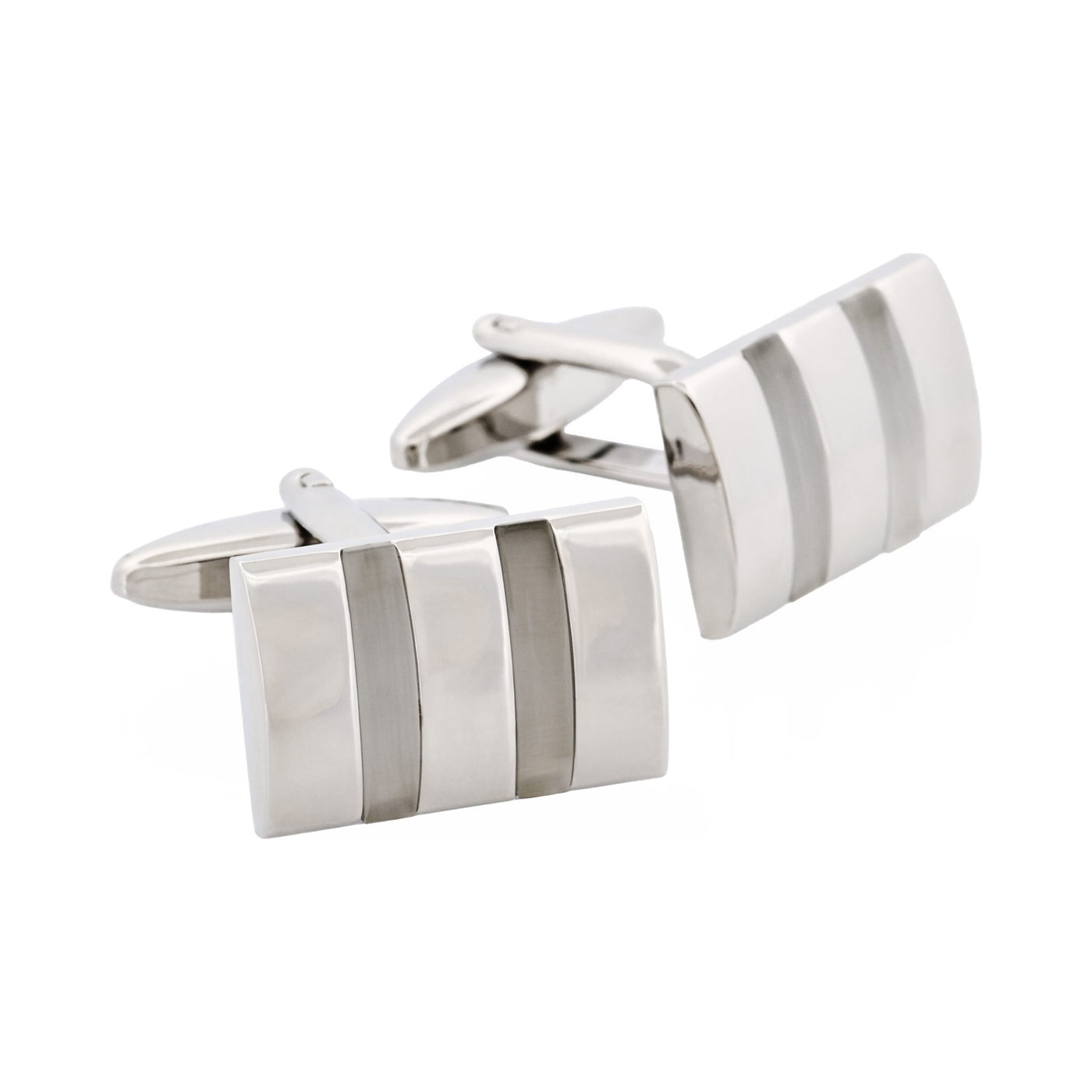 Polished Rhodium Plated Rectangle Cufflinks with Twin White Cat’s Eye Inlays
