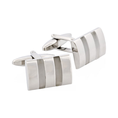 Polished Rhodium Plated Rectangle Cufflinks with Twin White Cat’s Eye Inlays