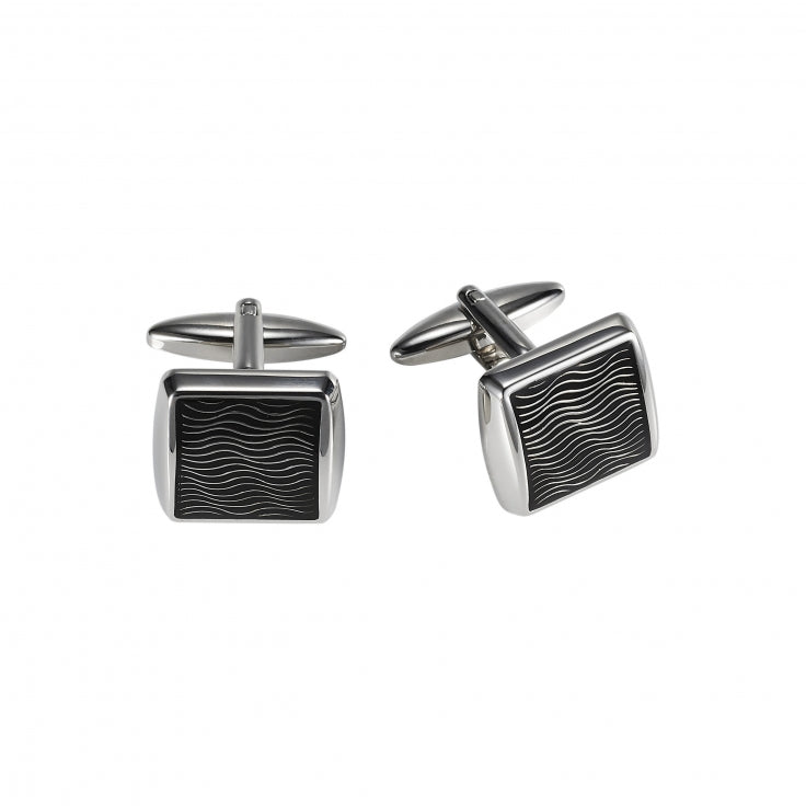 Polished Rhodium Plated Square Cufflinks with Black Enamel Wave Pattern Inlay
