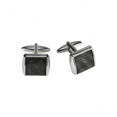 Polished Rhodium Plated Square Cufflinks with Black Enamel Wave Pattern Inlay