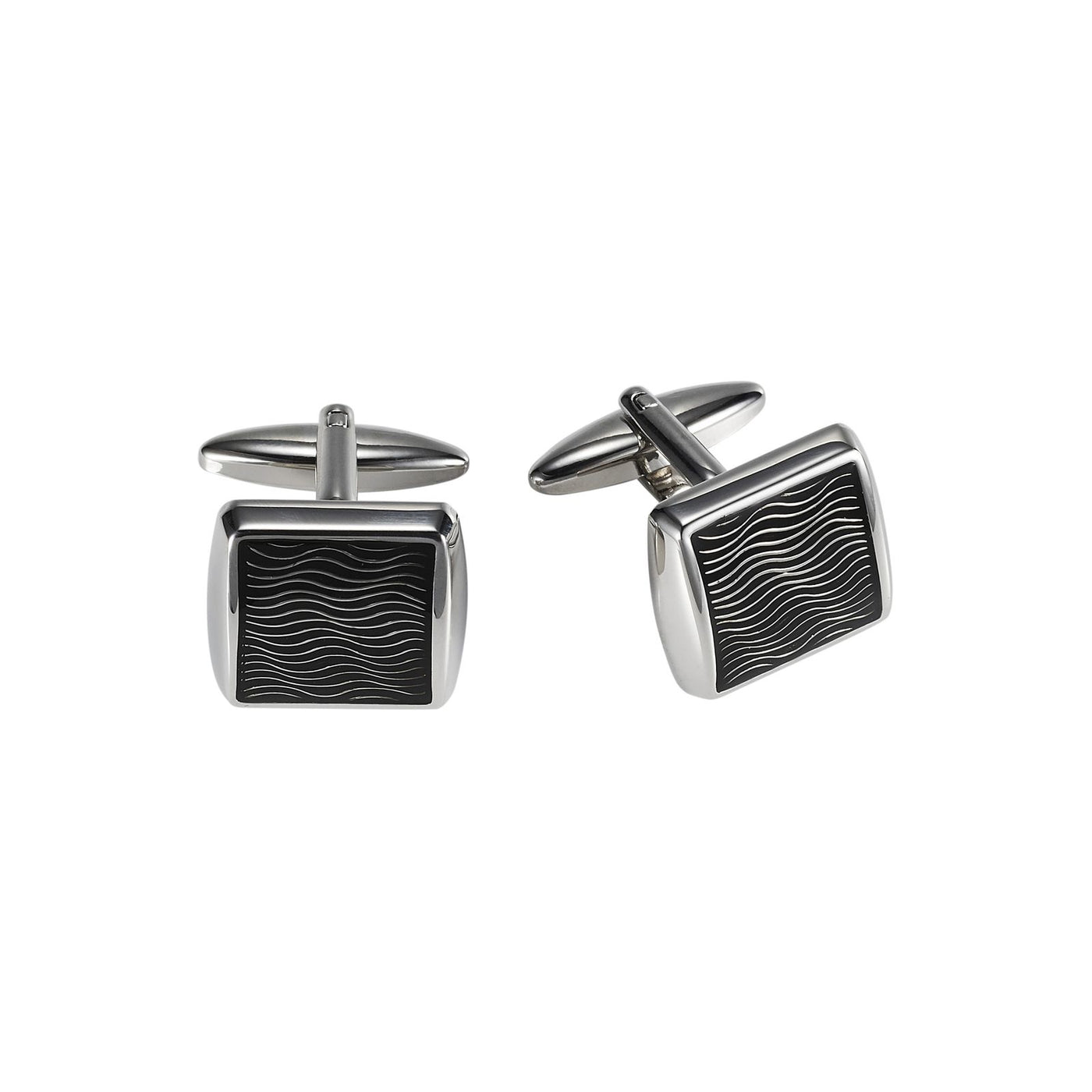 Polished Rhodium Plated Square Cufflinks with Black Enamel Wave Pattern Inlay