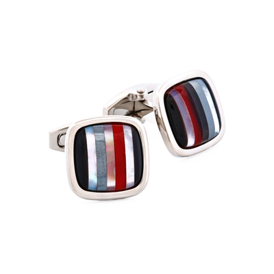 Rhodium Plated with Onyx & Mop & Hemataite & Black Lip Red Glass Cufflinks