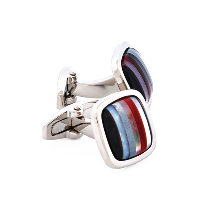 Rhodium Plated with Onyx & Mop & Hemataite & Black Lip Red Glass Cufflinks