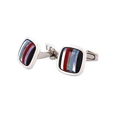 Rhodium Plated with Onyx & Mop & Hemataite & Black Lip Red Glass Cufflinks