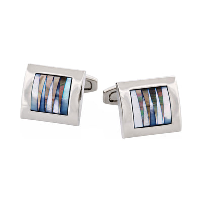 Polished Rhodium Square Curved White & Grey Mother Of Pearl Pattered Cufflinks