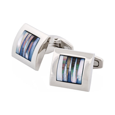 Polished Rhodium Square Curved White & Grey Mother Of Pearl Pattered Cufflinks