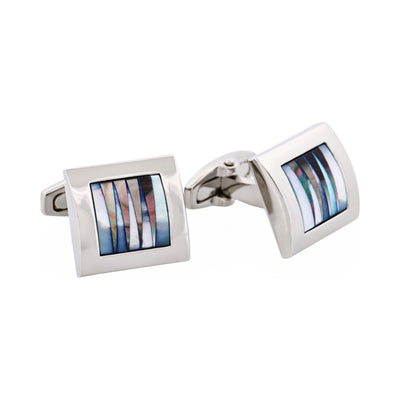 Polished Rhodium Square Curved White & Grey Mother Of Pearl Pattered Cufflinks
