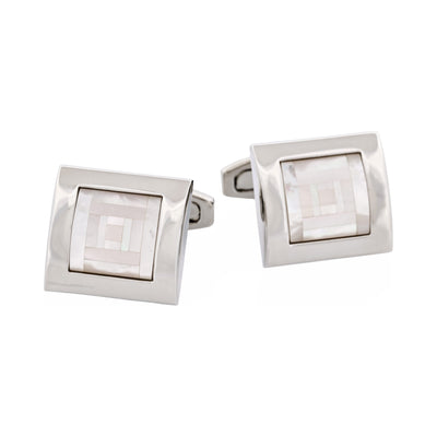 Polished Rhodium Plated Square Curved Mother Of Pearl Cufflinks