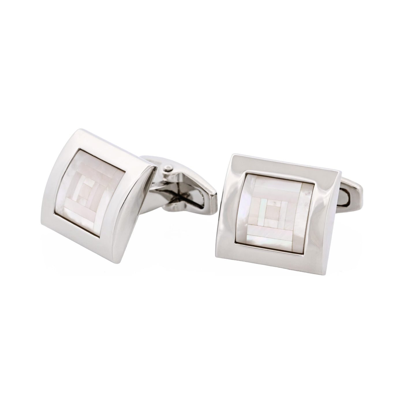 Polished Rhodium Plated Square Curved Mother Of Pearl Cufflinks