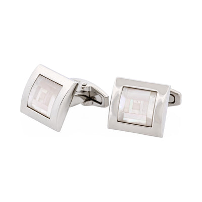 Polished Rhodium Plated Square Curved Mother Of Pearl Cufflinks