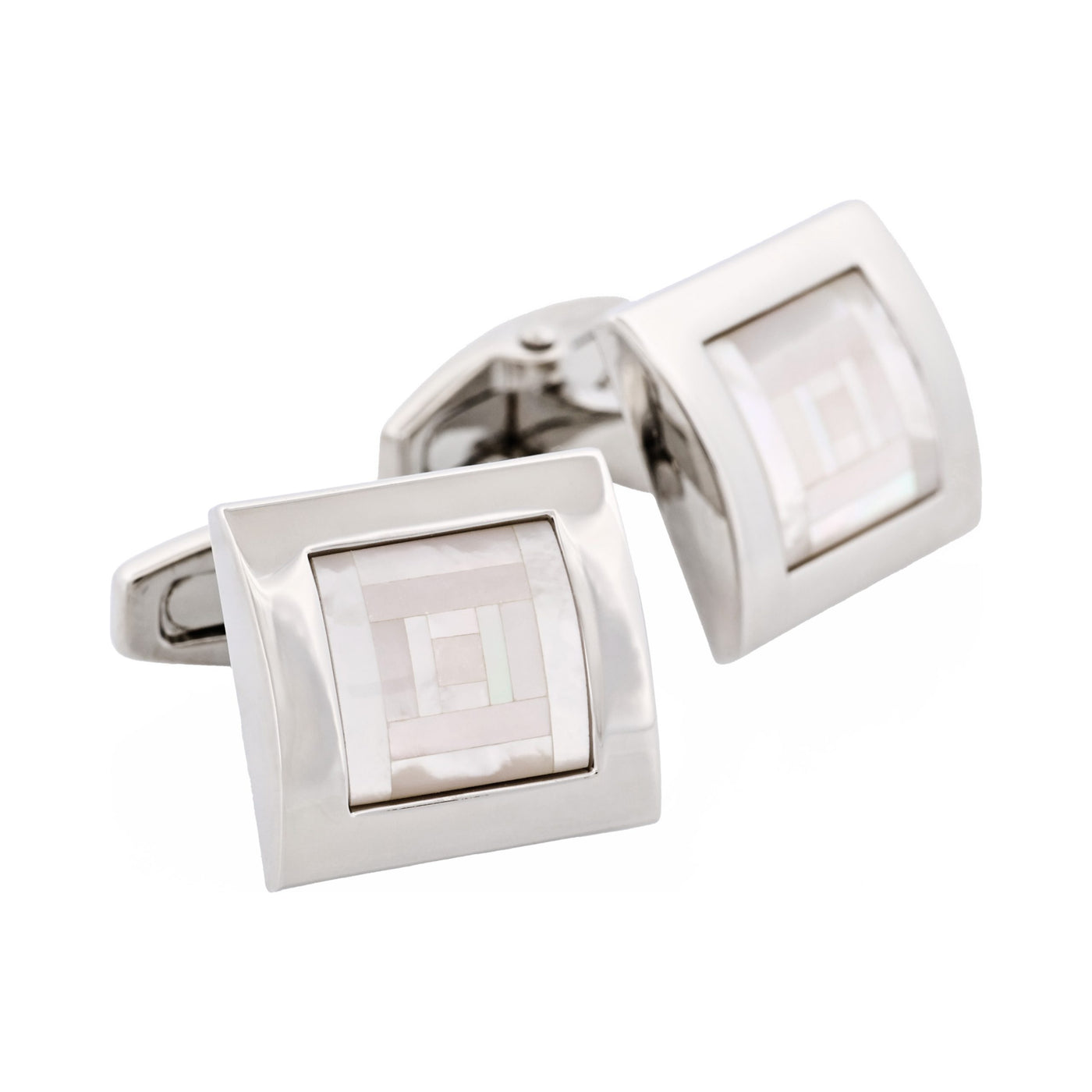 Polished Rhodium Plated Square Curved Mother Of Pearl Cufflinks