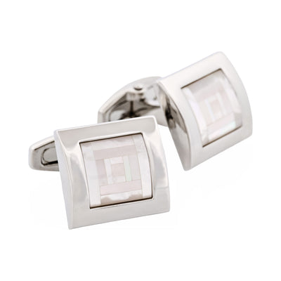 Polished Rhodium Plated Square Curved Mother Of Pearl Cufflinks