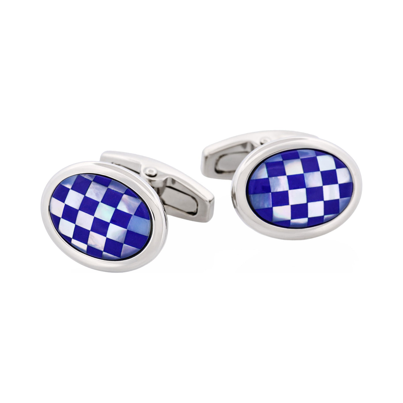 Polished Rhodium Plated Oval Mother Of Pearl & Lapis Cufflinks