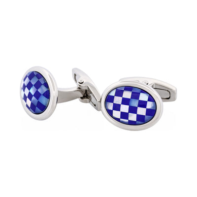 Polished Rhodium Plated Oval Mother Of Pearl & Lapis Cufflinks