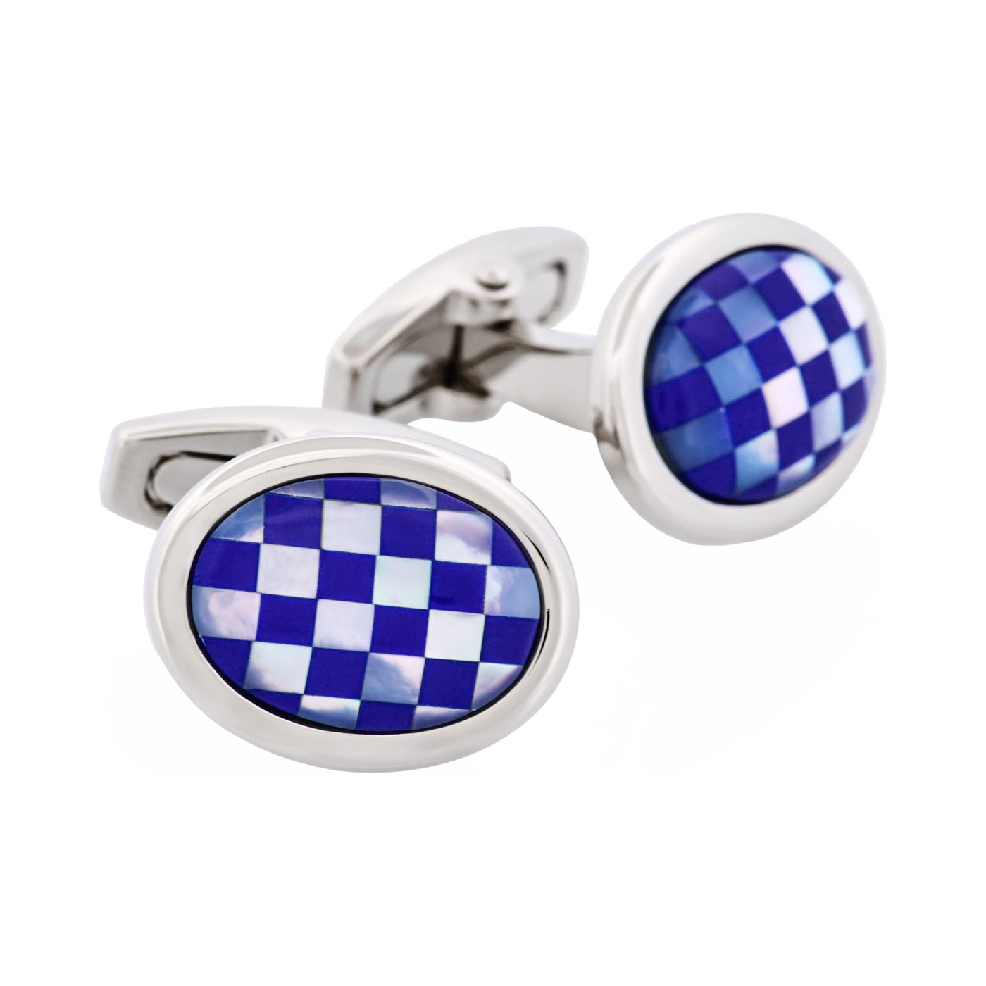 Polished Rhodium Plated Oval Mother Of Pearl & Lapis Cufflinks
