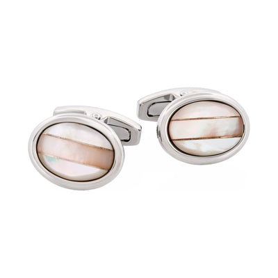 Polished Rhodium Plated Oval White & Pink Mother Of Pearl Cufflinks