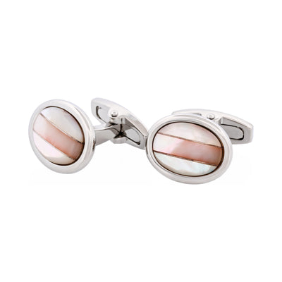 Polished Rhodium Plated Oval White & Pink Mother Of Pearl Cufflinks
