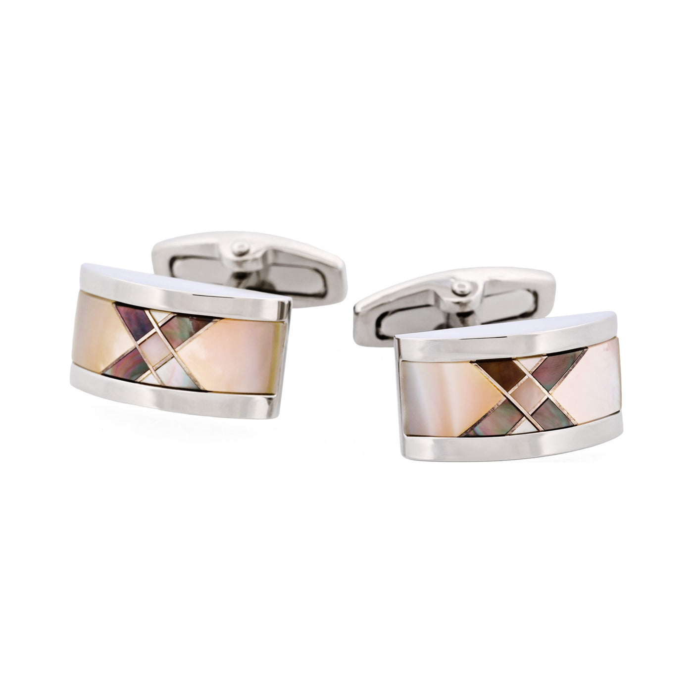 Polished Rhodium Plated Wedge Shaped White & Grey & Pink Mother Of Pearl Cufflinks