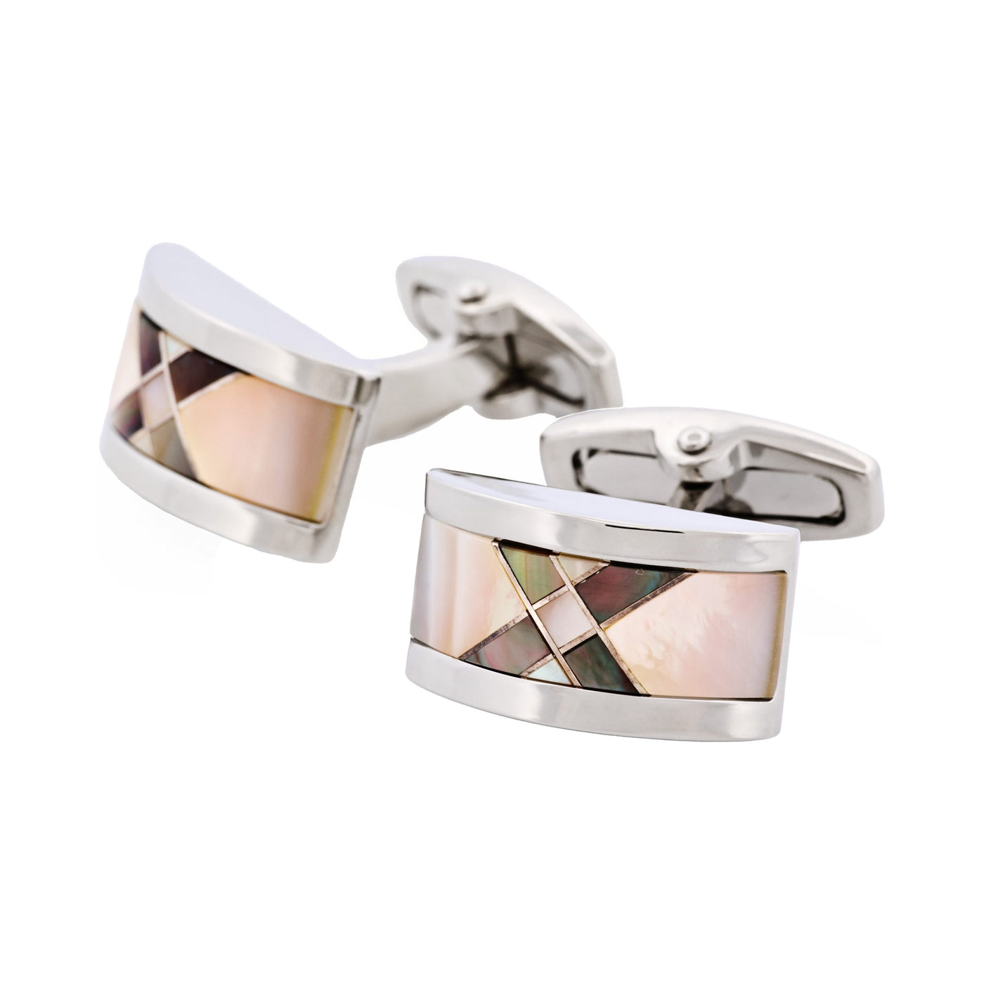 Polished Rhodium Plated Wedge Shaped White & Grey & Pink Mother Of Pearl Cufflinks