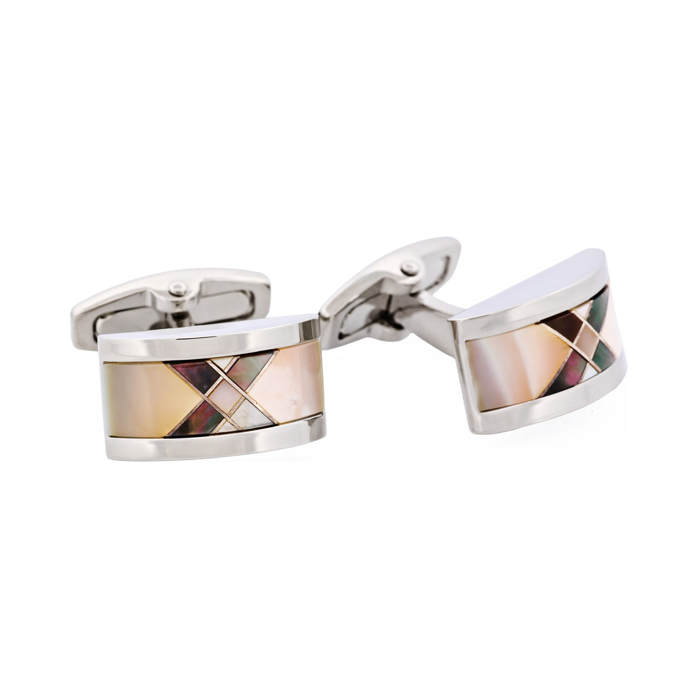 Polished Rhodium Plated Wedge Shaped White & Grey & Pink Mother Of Pearl Cufflinks