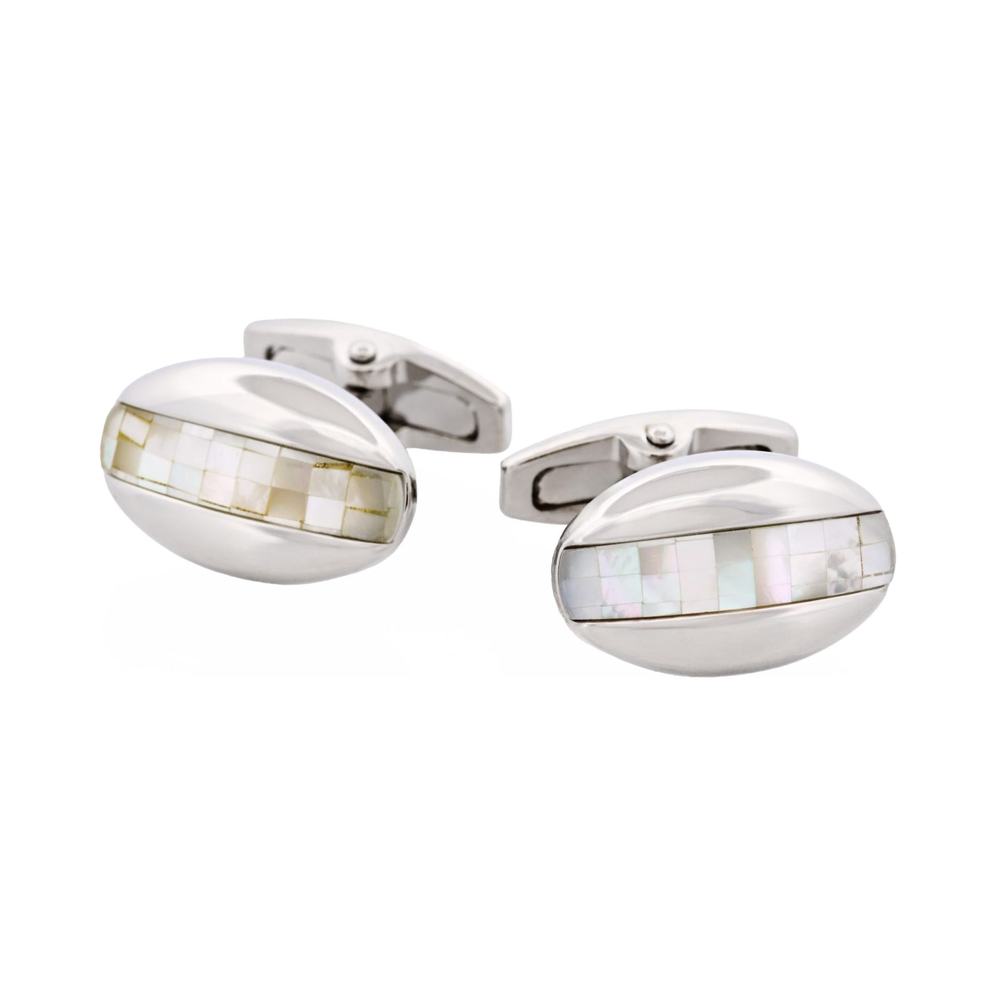 Polished Rhodium Plated Oval Mosaic Design Mother Of Pearl Cufflinks