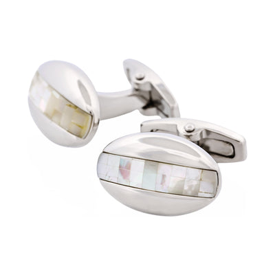 Polished Rhodium Plated Oval Mosaic Design Mother Of Pearl Cufflinks