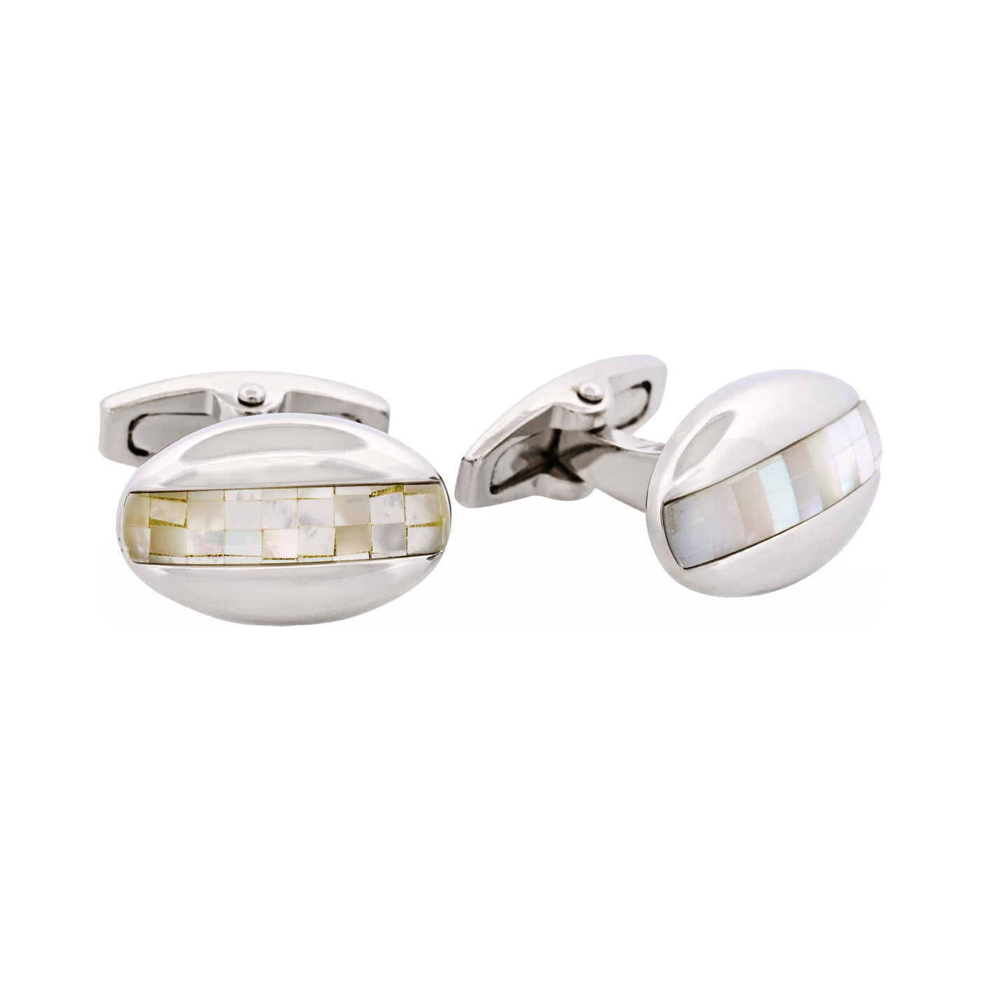Polished Rhodium Plated Oval Mosaic Design Mother Of Pearl Cufflinks