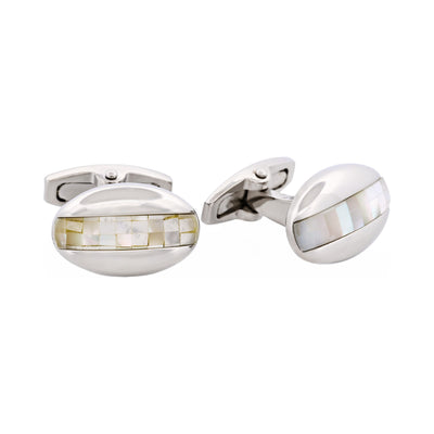 Polished Rhodium Plated Oval Mosaic Design Mother Of Pearl Cufflinks