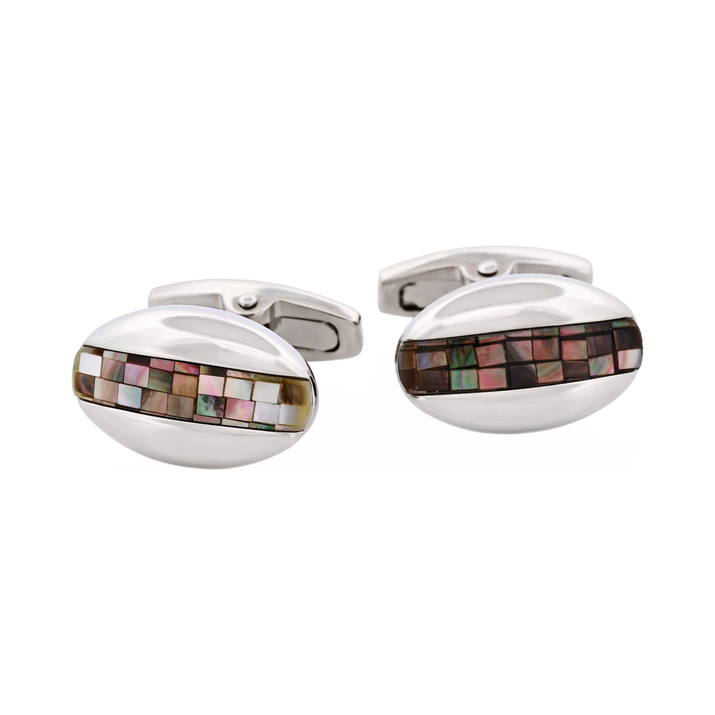 Polished Rhodium Plated Oval Mosaic Design Grey Mother Of Pearl Cufflinks