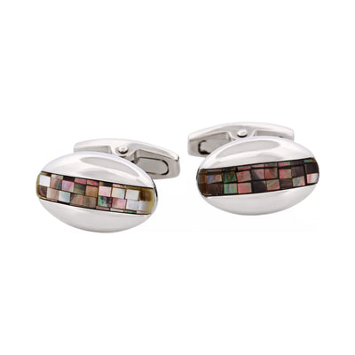 Polished Rhodium Plated Oval Mosaic Design Grey Mother Of Pearl Cufflinks