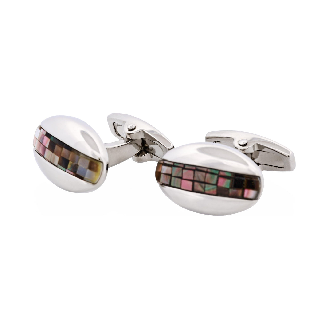 Polished Rhodium Plated Oval Mosaic Design Grey Mother Of Pearl Cufflinks