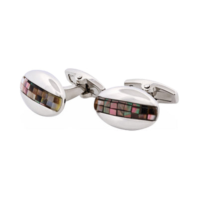 Polished Rhodium Plated Oval Mosaic Design Grey Mother Of Pearl Cufflinks
