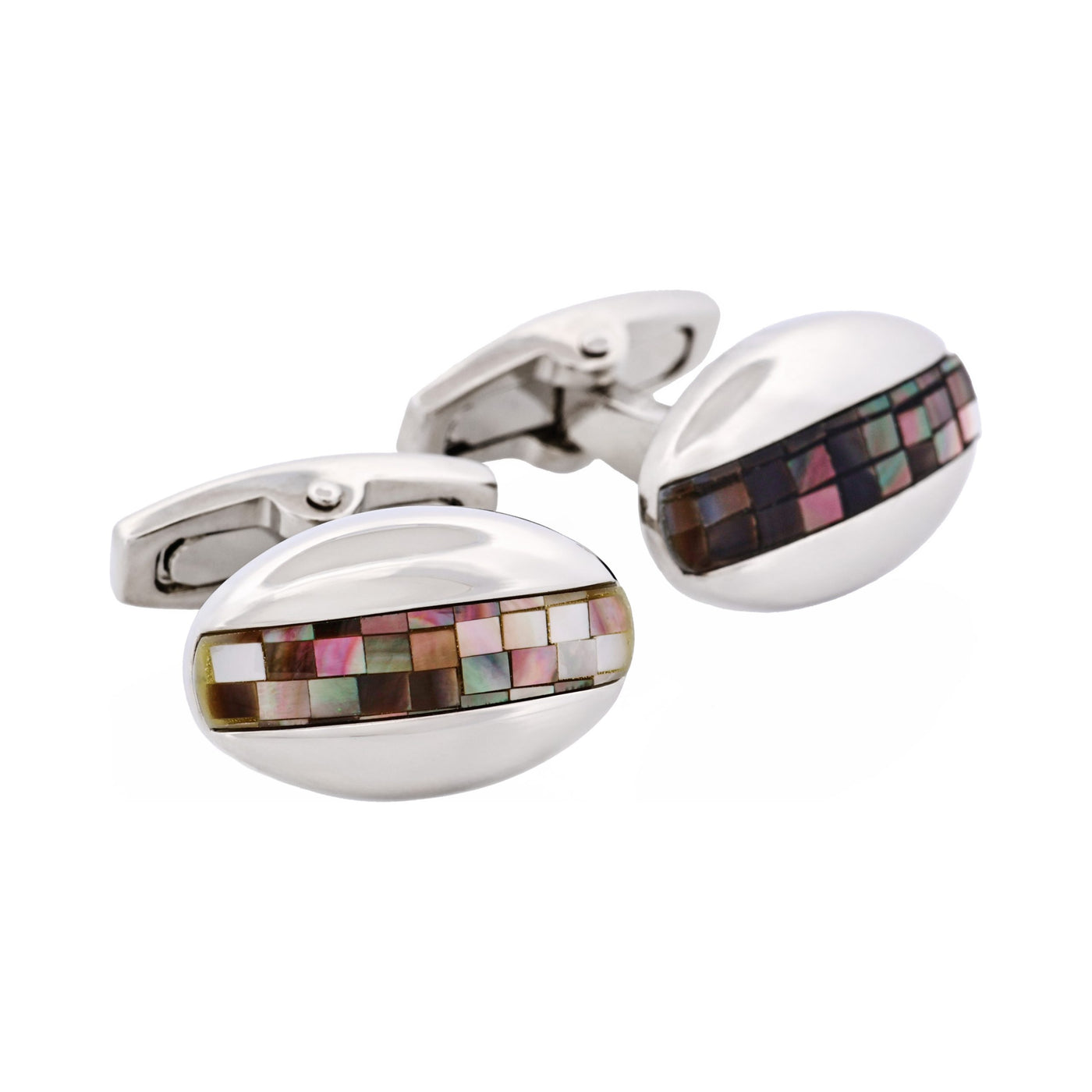 Polished Rhodium Plated Oval Mosaic Design Grey Mother Of Pearl Cufflinks