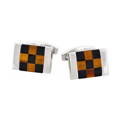 Polished Rhodium Plated Square Tiger Eye & Onyx Check Cufflinks
