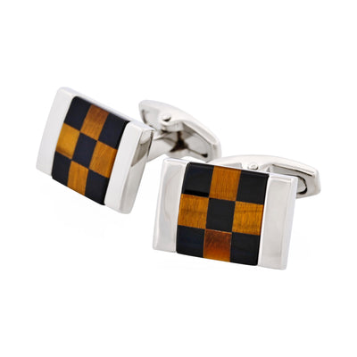 Polished Rhodium Plated Square Tiger Eye & Onyx Check Cufflinks