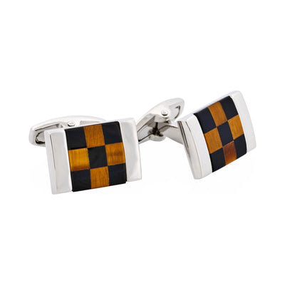 Polished Rhodium Plated Square Tiger Eye & Onyx Check Cufflinks