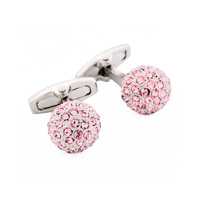 Polished Rhodium Plated Pink Crystal Ball Cufflinks